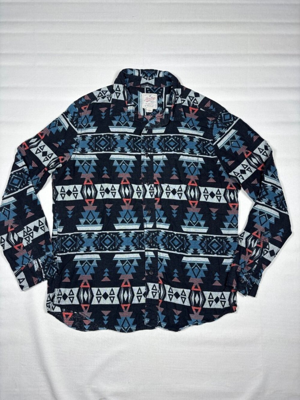 American Eagle Mens L Heritage Flannel Shirt Aztec Geometric Long Sleeve Navy